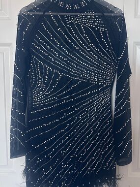 Black Embellished Sheer Long-Sleeve Party Dress